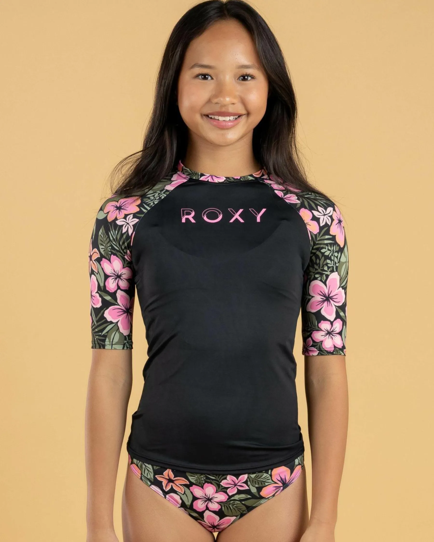 Rash Vests*Roxy Girls' Active Floral Rash Vest Set Anthracite Fearless Floral
