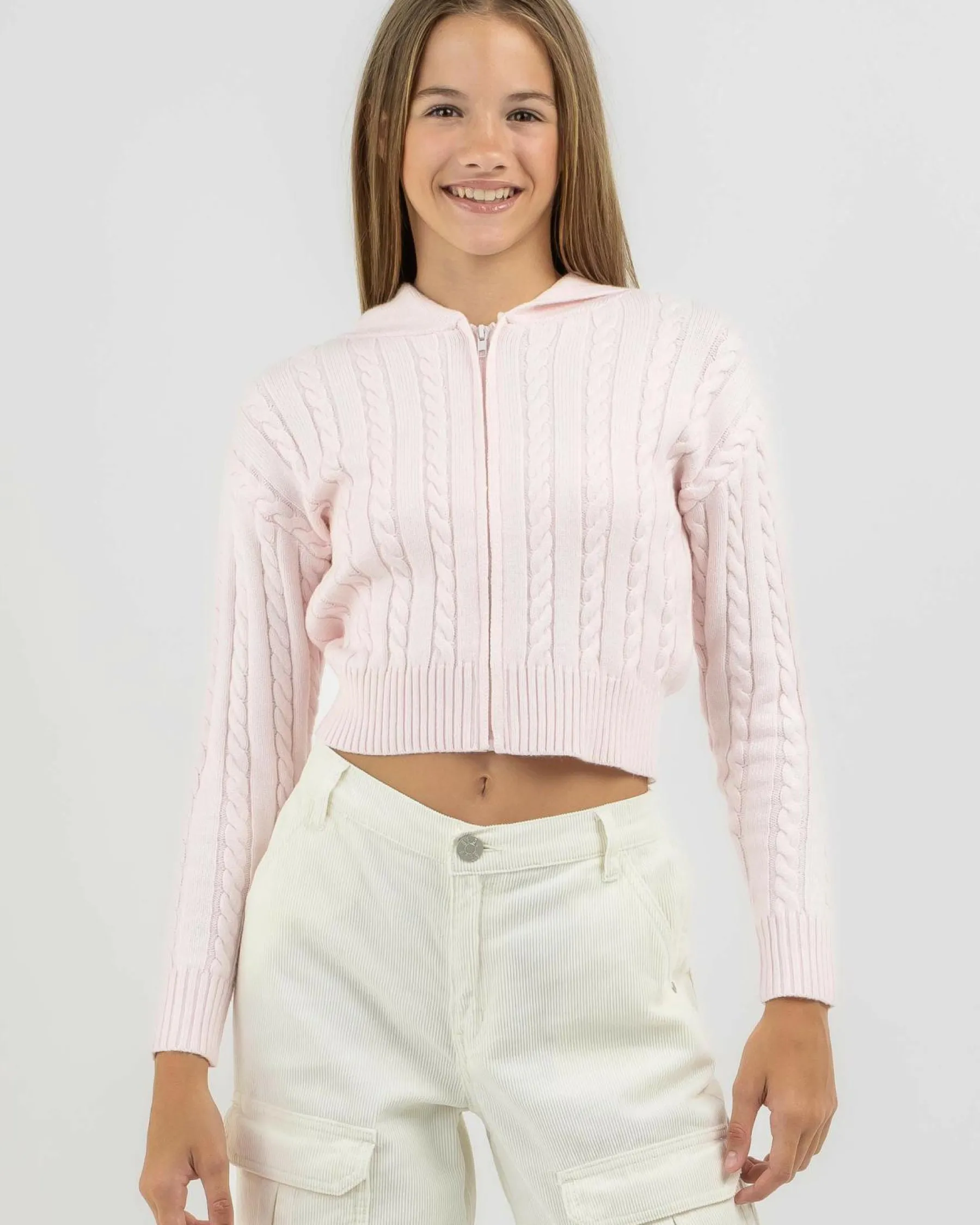 Outerwear*Ava And Ever Girls' Bailee Hooded Cable Knit Jumper Light Pink