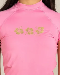 Rash Vests*Roxy Girls' Beach Vibing Hibiscus Rash Vest Pink Cosmos