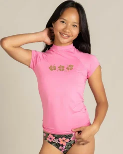 Rash Vests*Roxy Girls' Beach Vibing Hibiscus Rash Vest Pink Cosmos