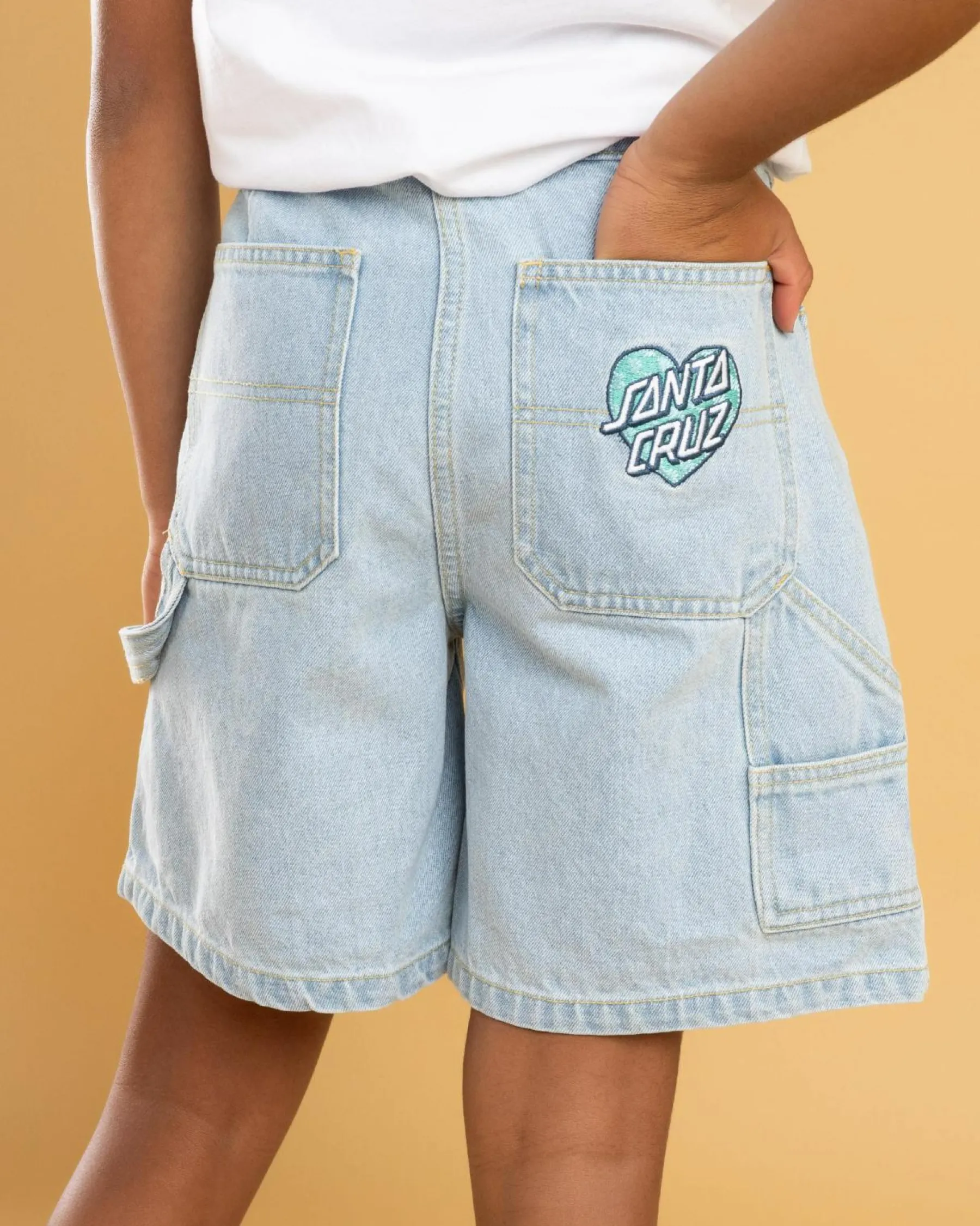 Denim|Bottoms*Santa Cruz Girls' Checker Heart Dot Carpenter Denim Shorts Light Washed Indigo