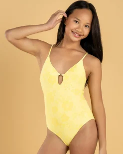 Surf|One Pieces*Topanga Girls' Hibiscus Scrunch One Piece Swimsuit Banana Sorbet