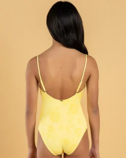 Surf|One Pieces*Topanga Girls' Hibiscus Scrunch One Piece Swimsuit Banana Sorbet