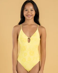 Surf|One Pieces*Topanga Girls' Hibiscus Scrunch One Piece Swimsuit Banana Sorbet