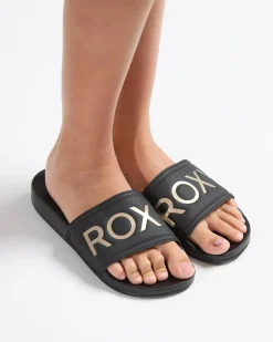 Slides & Sandals*Roxy Girls' Slippy Slide Sandals Black/m Gold