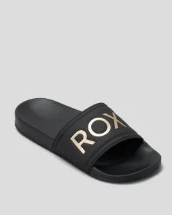 Slides & Sandals*Roxy Girls' Slippy Slide Sandals Black/m Gold