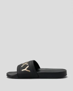 Slides & Sandals*Roxy Girls' Slippy Slide Sandals Black/m Gold