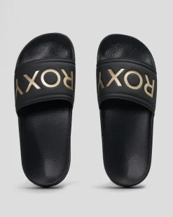 Slides & Sandals*Roxy Girls' Slippy Slide Sandals Black/m Gold