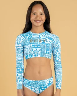 Rash Vests*Roxy Girls' Surfenirs Long Sleeve Crop Rash Vest Set Sky Blue Surfenirs