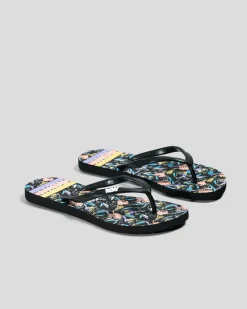 Flip Flops*Roxy Girls' Viva Stamp Thongs Black Print