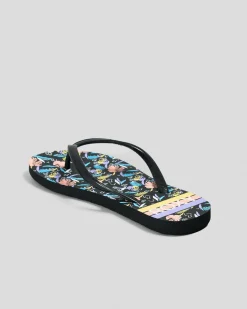 Flip Flops*Roxy Girls' Viva Stamp Thongs Black Print
