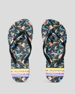 Flip Flops*Roxy Girls' Viva Stamp Thongs Black Print