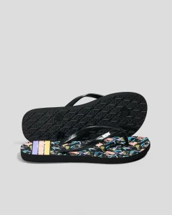 Flip Flops*Roxy Girls' Viva Stamp Thongs Black Print
