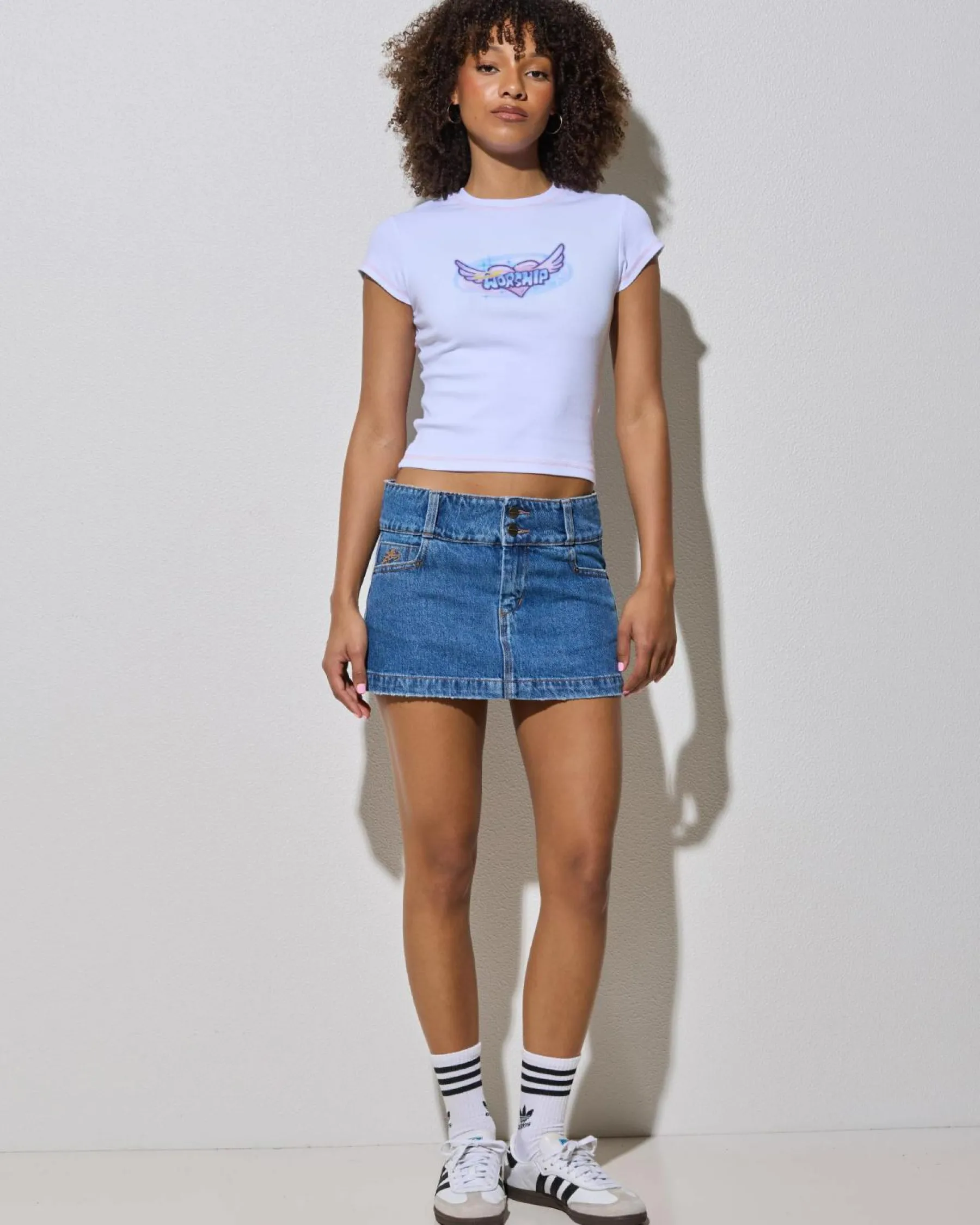 Bottoms*Worship Supplies Glazed And Confused Micro Denim Skirt Sky High Blue