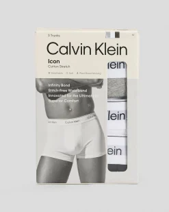 Underwear & Sleepwear*Calvin Klein Icon Cotton Stretch Trunk 3 Pack Grey Heather/white/black