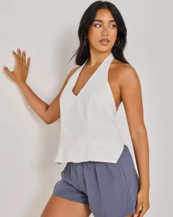 Linen Blend|Tops*Mint Vanilla Jayda Halter Top White