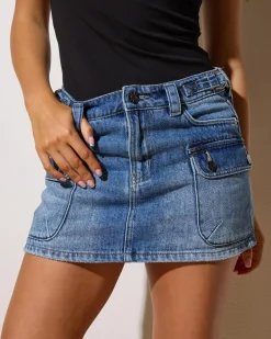Denim|Bottoms*DESU Juno Cargo Denim Skort Blasted Dark Blue
