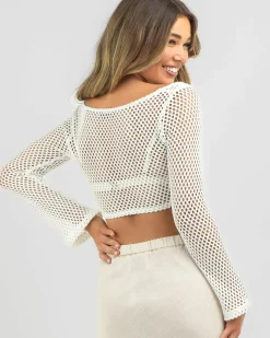 Tops*Ava And Ever Layla Crochet Tie Up Long Sleeve Top White