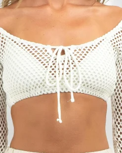 Tops*Ava And Ever Layla Crochet Tie Up Long Sleeve Top White