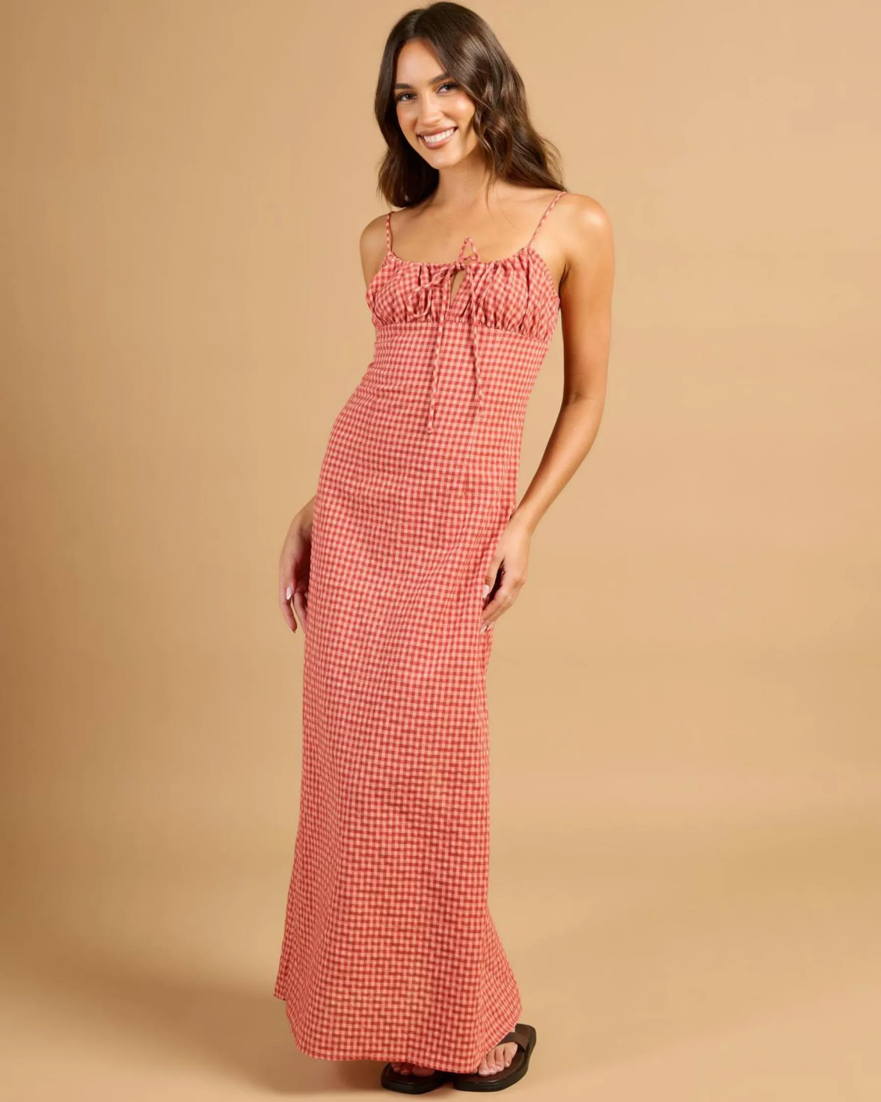 Dresses*Rhythm Lola Check Gathe Maxi Dress Red