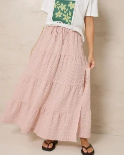 Bottoms*Rhythm Lola Checked Tiered Maxi Skirt Dusty Pink