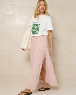 Bottoms*Rhythm Lola Checked Tiered Maxi Skirt Dusty Pink