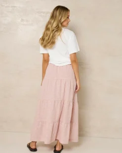 Bottoms*Rhythm Lola Checked Tiered Maxi Skirt Dusty Pink