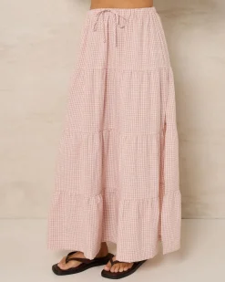 Bottoms*Rhythm Lola Checked Tiered Maxi Skirt Dusty Pink