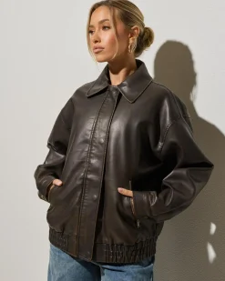 Jackets & Coats*Ava And Ever Maverick Faux Leather Bomber Jacket Vintage Brown