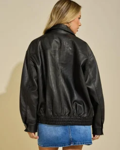 Jackets & Coats*Ava And Ever Maverick Faux Leather Bomber Jacket Vintage Black