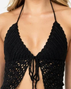 Tops*Mooloola Misty Crochet Halter Top Black