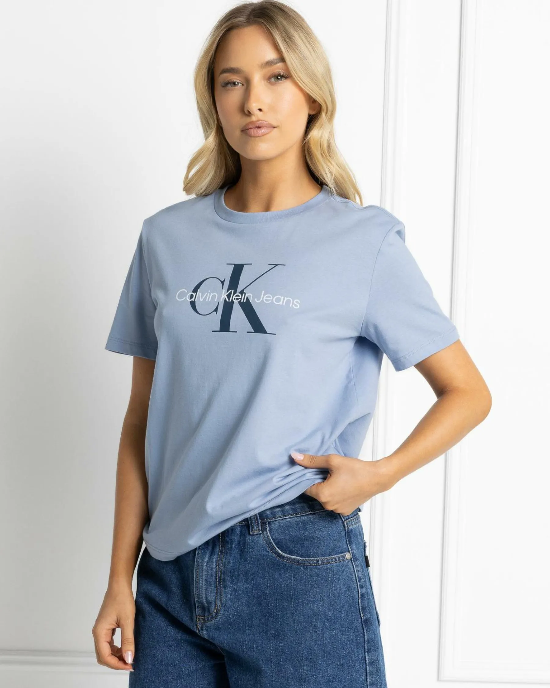 Tops*Calvin Klein Monologo Crew Neck T-Shirt Forever Blue