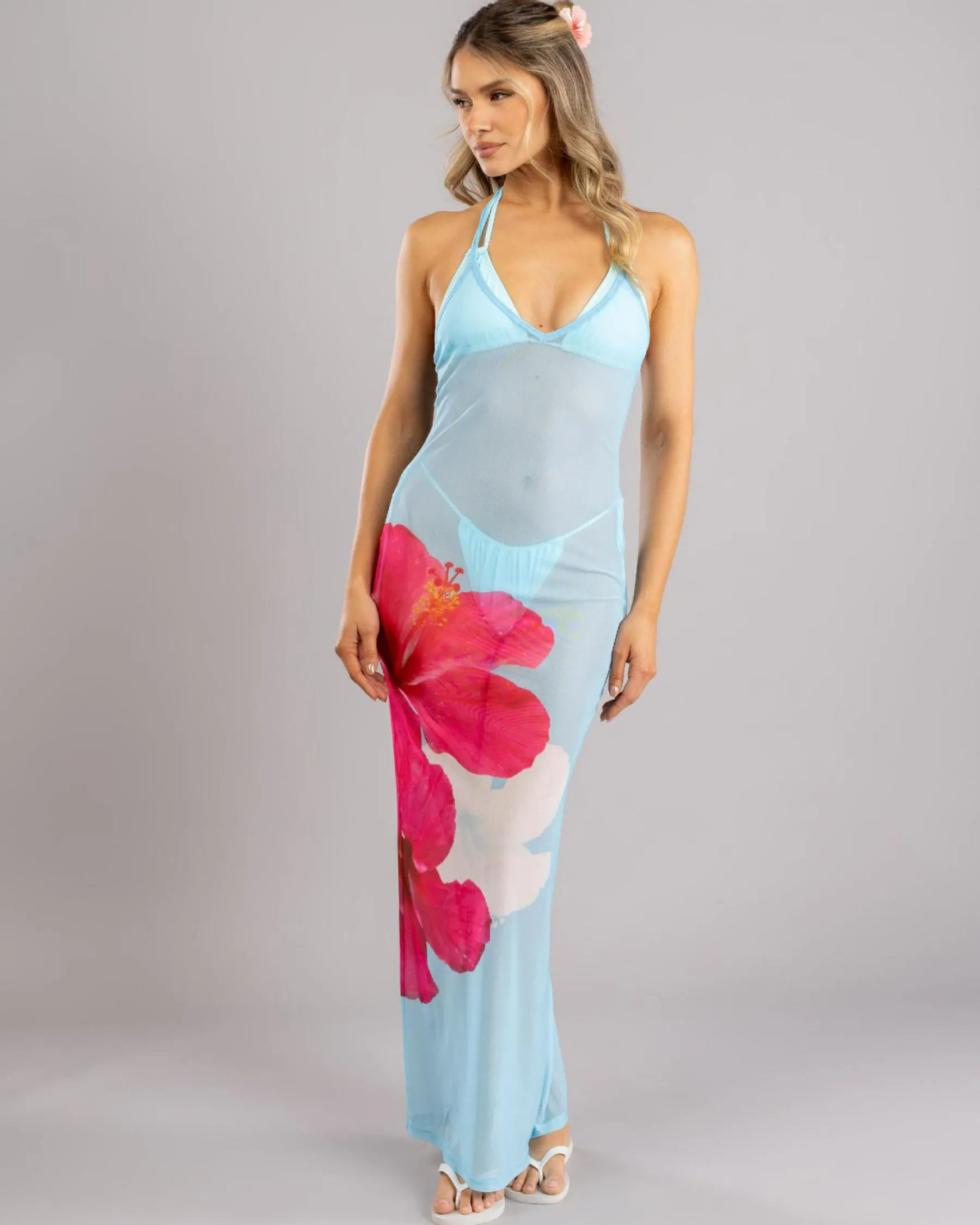 Beach Covers & Overswim*Kaiami Paradise Mesh Long Cover Up Blue/pink