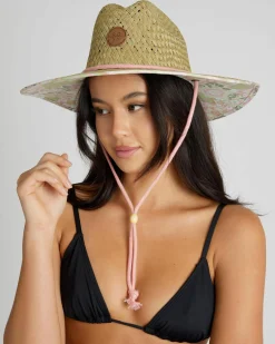 Headwear*Roxy Pina To My Colada Printed Panama Hat Oil Green Wild Flower Swim