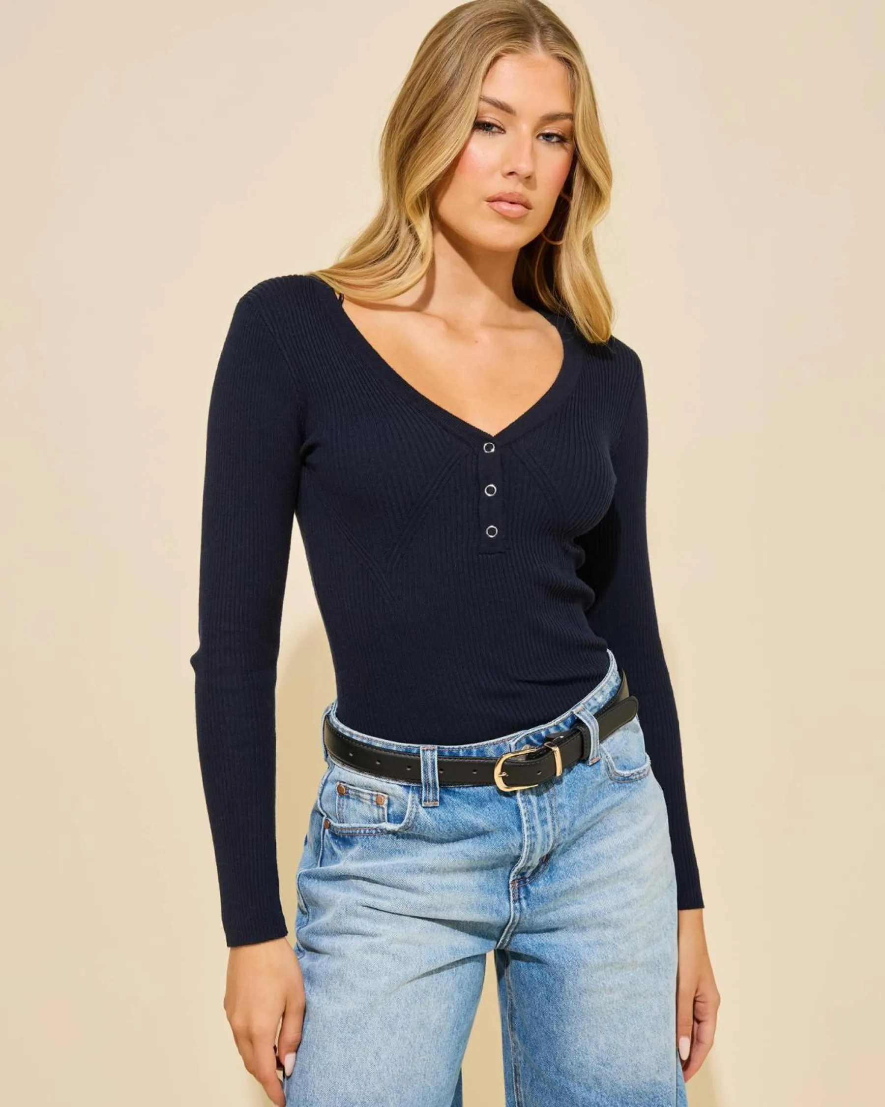 Tops*Mint Vanilla Preston Knit Henley Top Navy