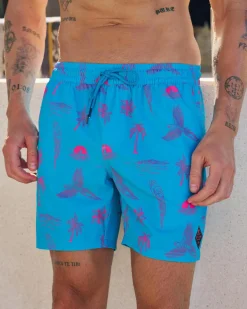 Board Shorts|Shorts & Bottoms*Skylark Recline Elastic Waist Shorts Cyan/pink