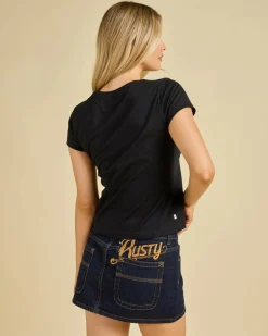 Denim|Bottoms*Rusty Risque` Micro Denim Skirt Raw Dawg
