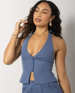 Sets|Linen Blend*Mooloola Saly Vanessa Vest Top Steel Blue
