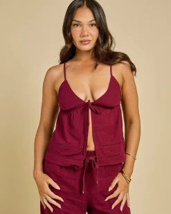Sets|Linen Blend*Mooloola Seraphina Hawaii Tie Front Top Wine