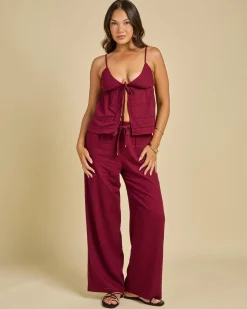 Sets|Linen Blend*Mooloola Seraphina Hawaii Tie Front Top Wine