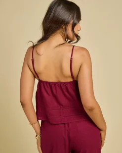 Sets|Linen Blend*Mooloola Seraphina Hawaii Tie Front Top Wine