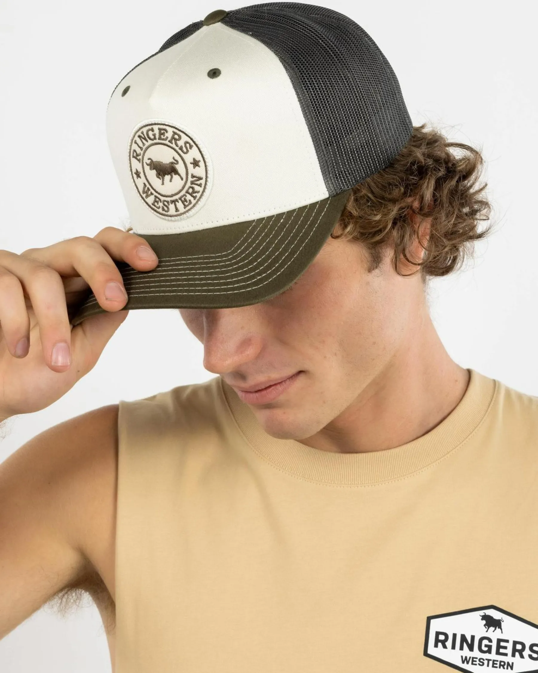 Headwear*Ringers Western Signature Bull Trucker Cap Army/off White