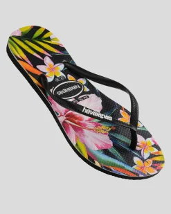 Flip Flops*Havaianas Slim Floral Palm Thongs Black/black