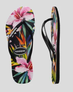 Flip Flops*Havaianas Slim Floral Palm Thongs Black/black