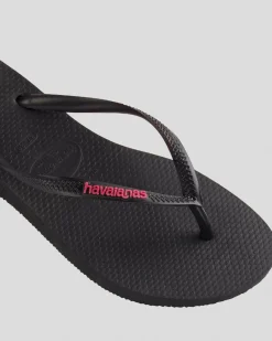 Flip Flops*Havaianas Slim Logo Thongs Black/neon Pink