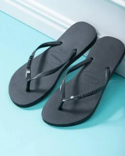 Sale Slim Metal Logo Crystal Thongs Women Flip Flops