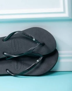 Sale Slim Metal Logo Crystal Thongs Women Flip Flops