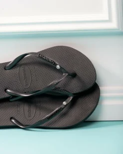Sale Slim Metal Logo Crystal Thongs Women Flip Flops