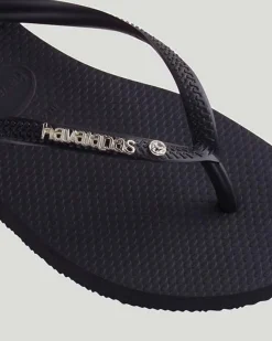 Best Slim Metal Logo Crystal Thongs Women Flip Flops