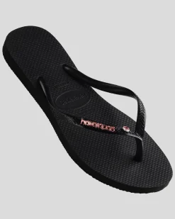 Slim Metal Logo Crystal Thongs Women Flip Flops